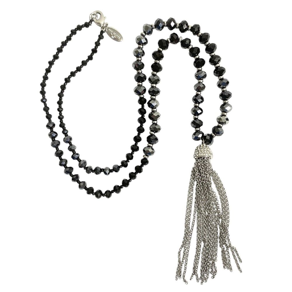 Ann Taylor Statement Necklace Rhinestone Tassel Pendant Black Faceted Beads Long